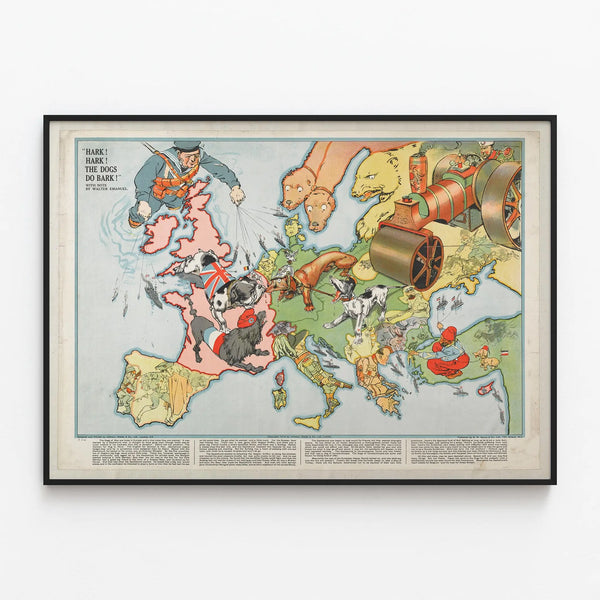 Caricature Map Poster Europe Dogs War 1914 — framed artwork on a wall