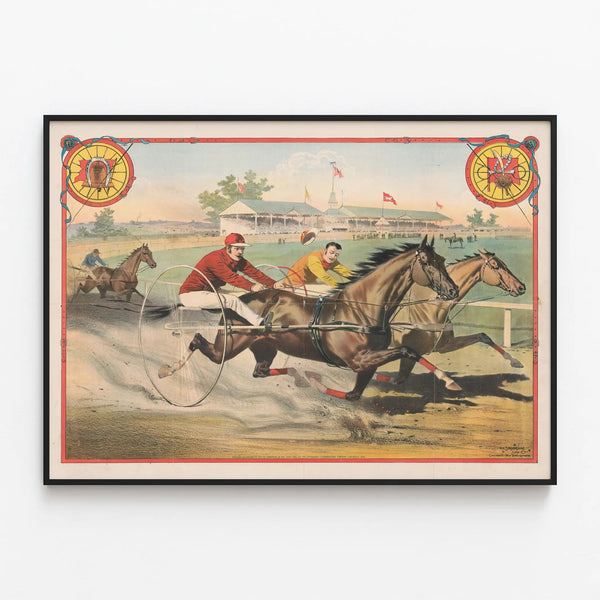 Vintage poster of harness racing at the racecourse — framed artwork on a wall