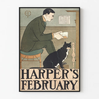 Harper's February vintage poster with man reading and cat
