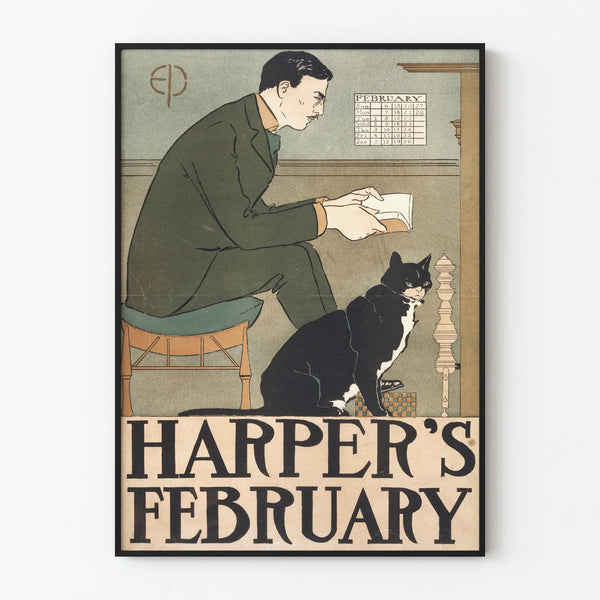 Harper's February vintage poster with man reading and cat