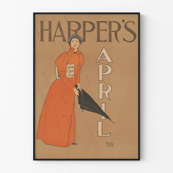 Harper's April vintage poster - Woman in red coat and umbrella