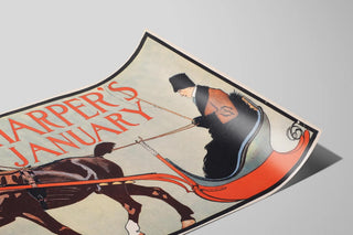 Vintage Harper's January poster with horse and sleigh — artwork view