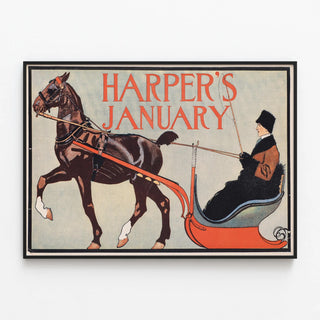 Vintage Harper's January poster with horse and sleigh — framed artwork on a wall
