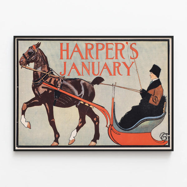 Vintage Harper's January poster with horse and sleigh — framed artwork on a wall