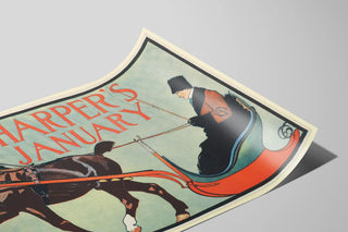 Vintage Harper's January poster with horse and sleigh — artwork view