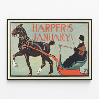 Vintage Harper's January poster with horse and sleigh — framed artwork on a wall