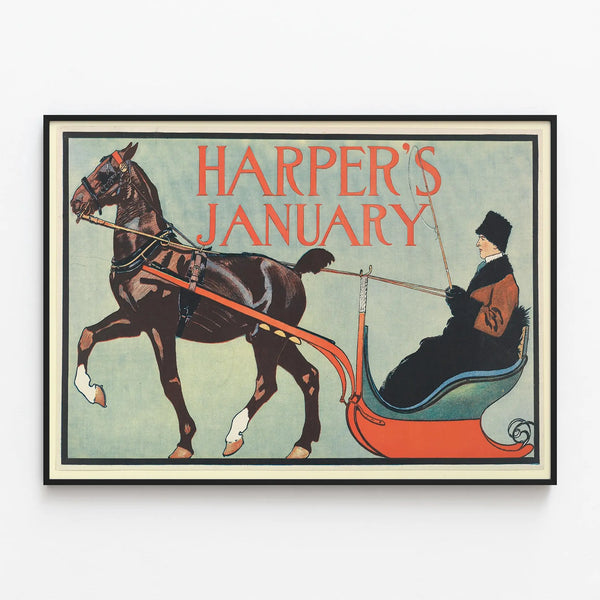 Vintage Harper's January poster with horse and sleigh — framed artwork on a wall