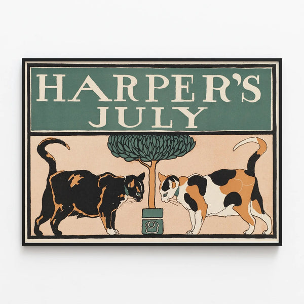 Harper's July Poster with Cats and Nature — framed artwork on a wall