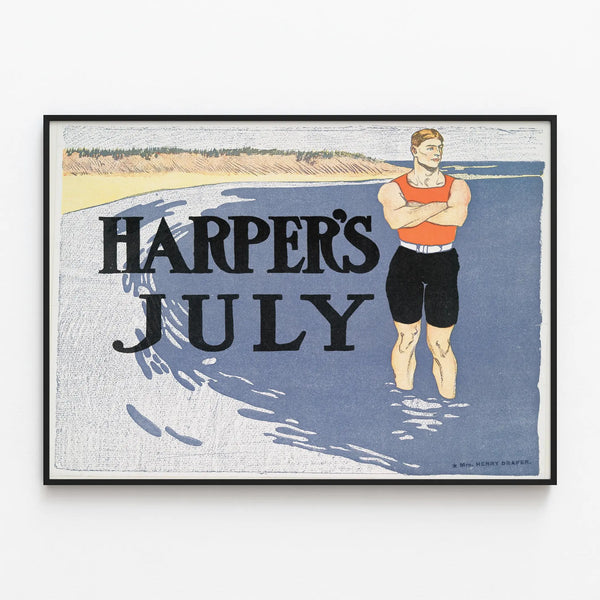 Vintage Harper's July Poster with Swimmer on Marine Background — framed artwork on a wall