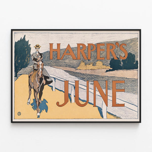 Vintage Harper's June poster with a horseback rider — framed artwork on a wall