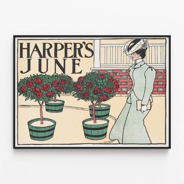 Harper's June Poster - Vintage decorative poster of woman and roses — framed artwork on a wall
