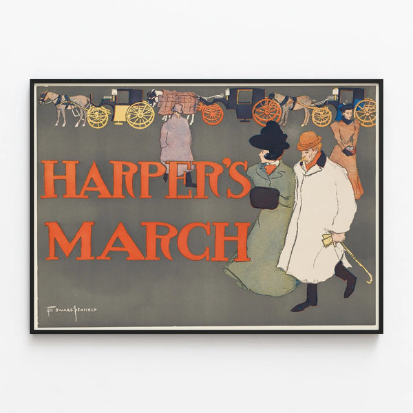Vintage Harper's March poster with elegant couple and carriages — framed artwork on a wall