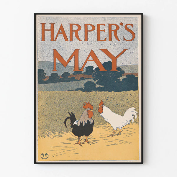 Vintage Harper's May poster with roosters on a rustic background