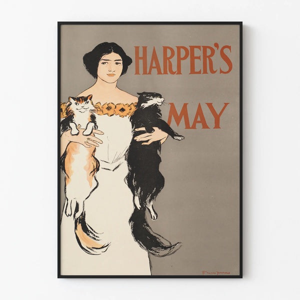 Harper's May Poster with Woman and Cats - Vintage Wall Decoration