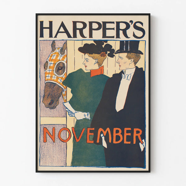 Harper's November vintage poster with horse and elegant couple