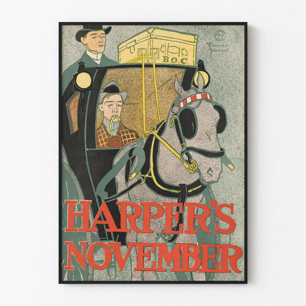 Vintage poster Harpers November with horse-drawn carriage and carriage