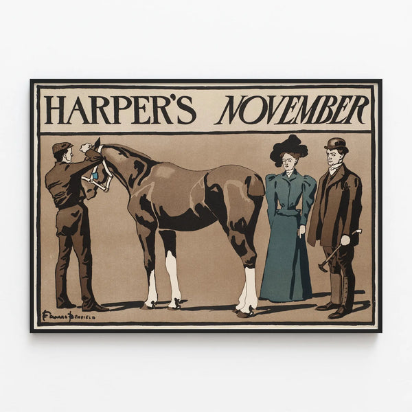 Harper's November Poster - Vintage wall decoration with horse and characters — framed artwork on a wall