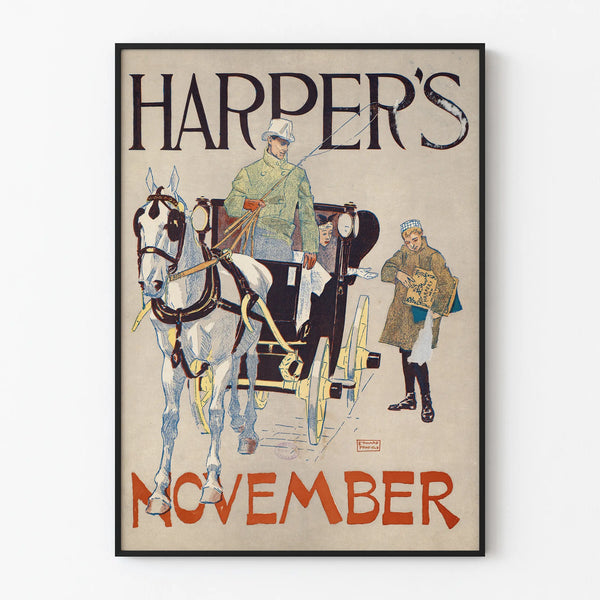 Vintage Harper's November poster with carriage and white horse