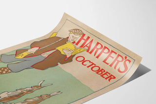 Vintage Harper's October Poster with Illustration of Rabbits and Reader