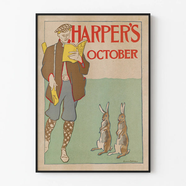 Vintage Harper's October Poster with Illustration of Rabbits and Reader