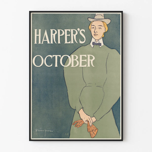Vintage Harper's October poster with an elegant feminine silhouette
