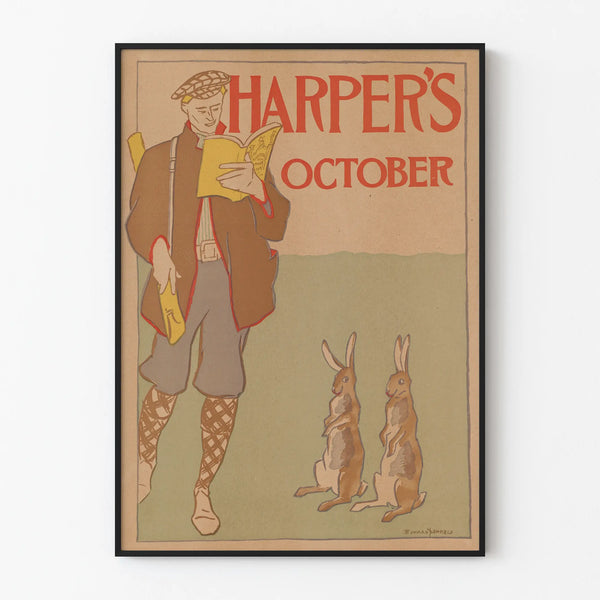 Vintage Harper's October poster with illustration of a man and rabbits