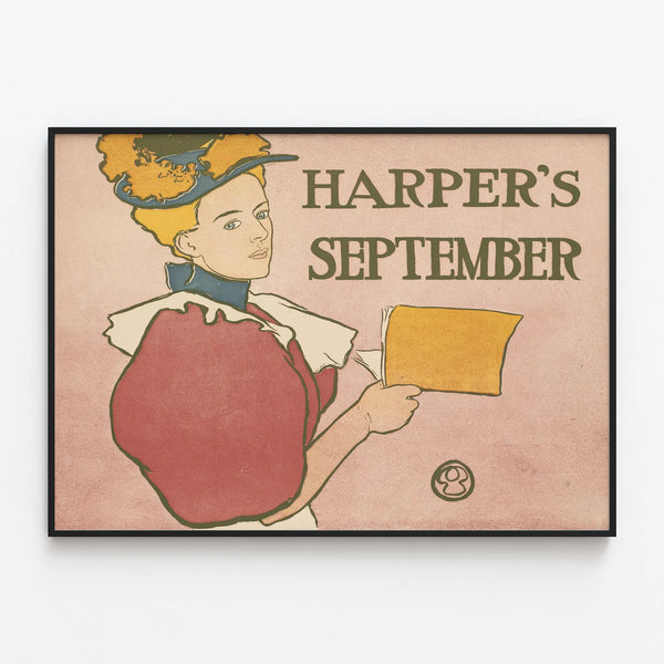 Vintage Harper's September poster with stylized female portrait — framed artwork on a wall