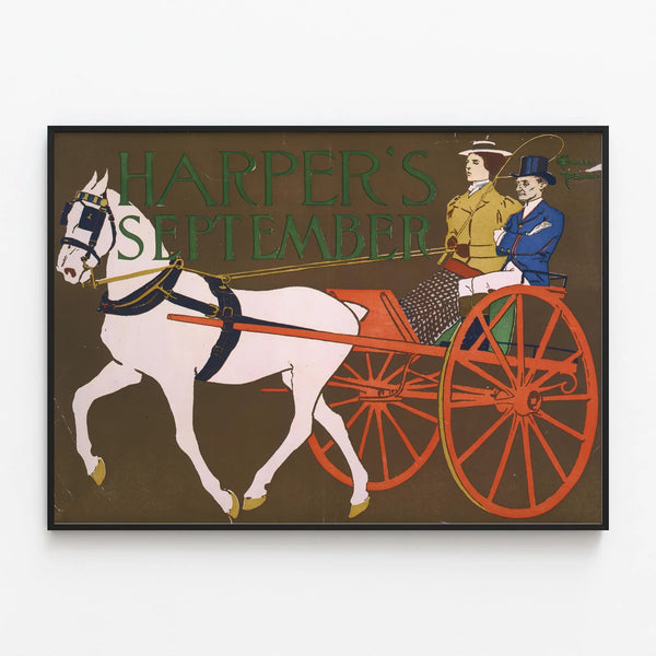 Vintage Harper's September Poster with Carriage and White Horse — framed artwork on a wall
