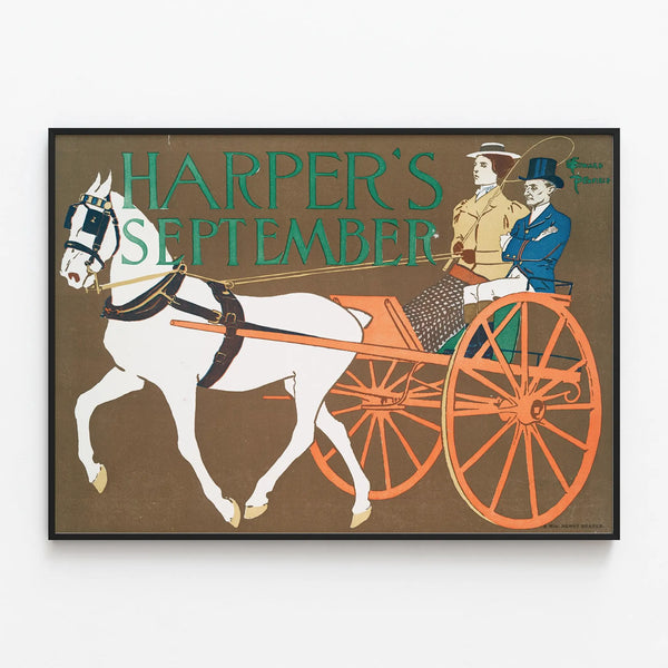 Vintage Harper's Poster September Horse and Carriage — framed artwork on a wall