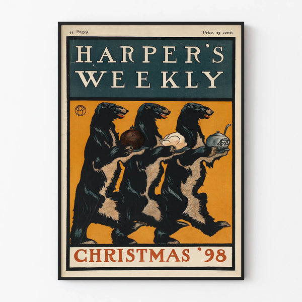 Vintage Harper's Weekly Christmas 1898 Poster with Bear and Turkey