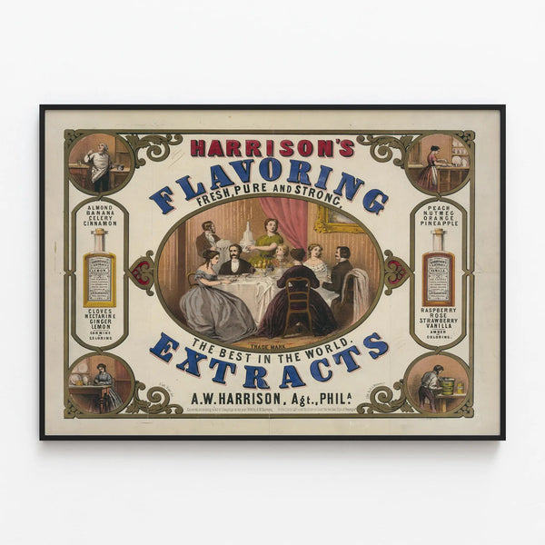 Vintage Poster Harrison's Flavoring Extracts Philadelphia — framed artwork on a wall
