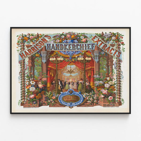 Vintage decorative poster Harrison's Handkerchief Extracts — framed artwork on a wall