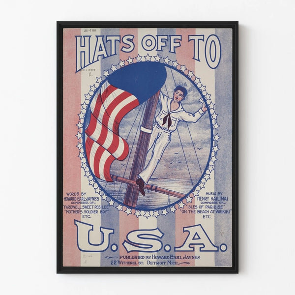 Vintage American patriotic poster with sailor and U.S.A. flag