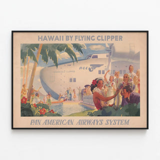 Vintage Hawaii Poster by Flying Clipper Pan American Airways System — framed artwork on a wall