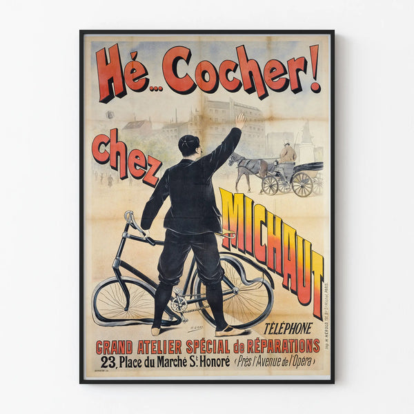 Vintage poster Hé Cocher at Michaut - Bicycle and carriage repairs