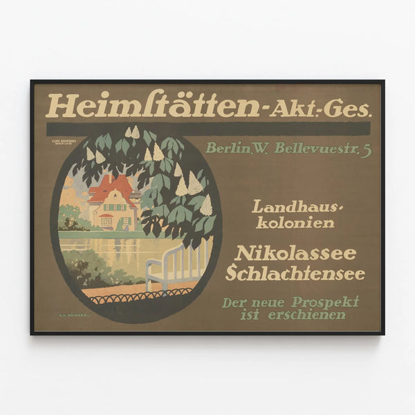 Vintage poster Heimstätten Berlin country house colonies wall decoration — framed artwork on a wall