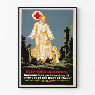 Vintage Red Cross Relief Poster with Christ-like Figure