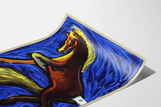 Vintage poster of a galloping horse on an intense blue background