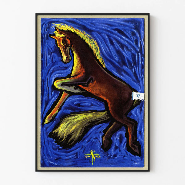 Vintage poster of a galloping horse on an intense blue background