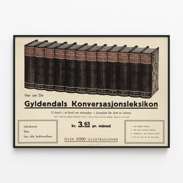 Vintage poster Gyldendals Konversasjonsleksikon - Retro wall decoration book — framed artwork on a wall