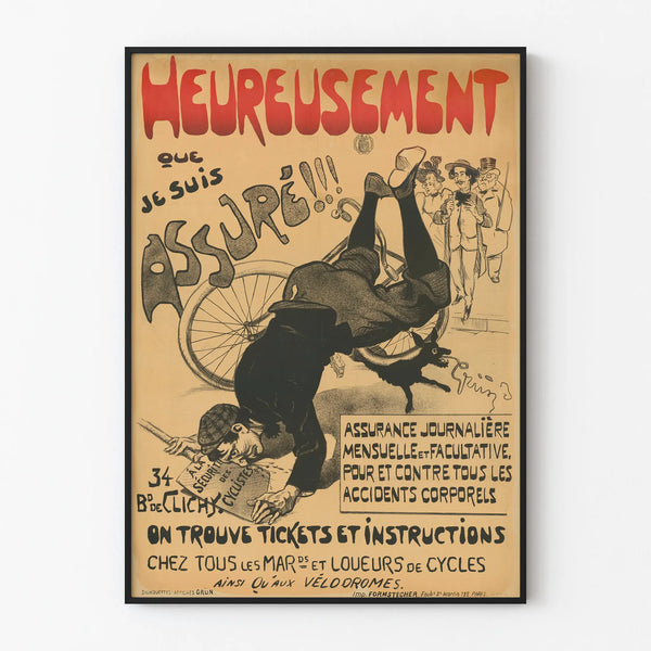 Vintage poster 'Fortunately I am insured' - Retro cycling wall decoration