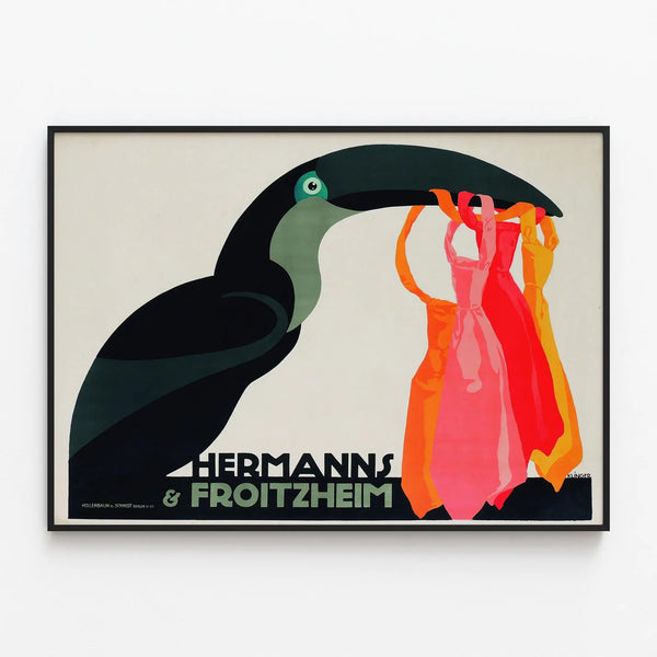 Vintage Hermanns & Froitzheim poster with toucan and vibrant colors — framed artwork on a wall