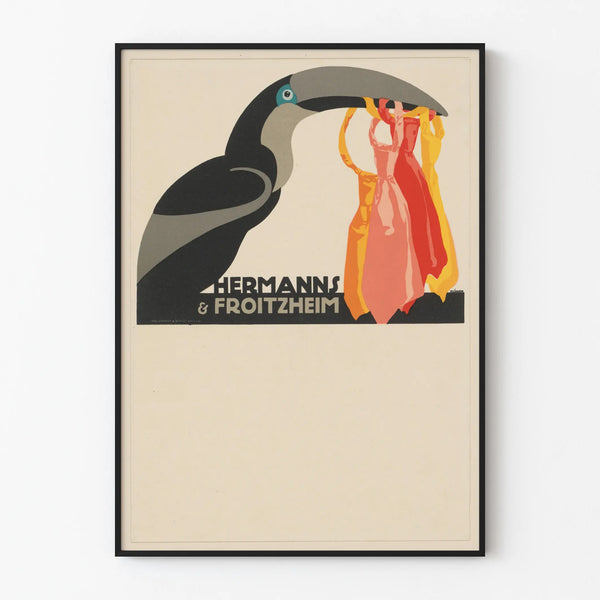 Vintage decorative poster with toucan and colorful dresses