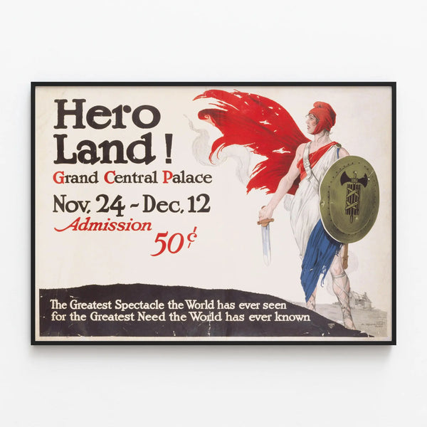 Vintage Hero Land Poster - Retro Wall Decoration Artem Legrand — framed artwork on a wall