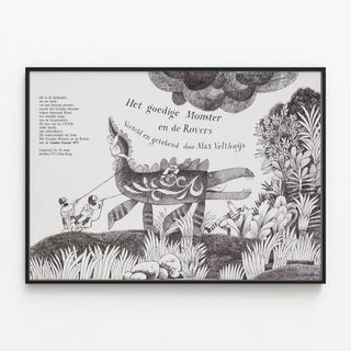 Poster of the Goodige Monster and the Rovers by Max Velthuijs — framed artwork on a wall