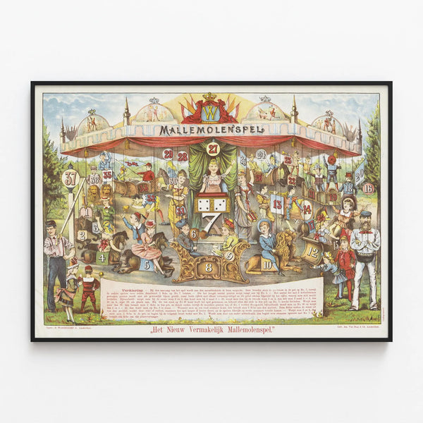 Vintage decorative poster of the game Mallemolenspel — framed artwork on a wall