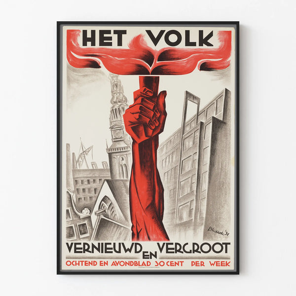 Vintage poster 'Het Volk' with raised red fist - Political wall decoration