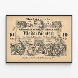 Vintage satirical humor poster Kladdderadatsch 1856 — framed artwork on a wall