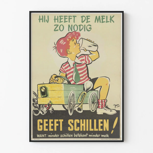 Vintage poster of a child drinking milk with a wooden toy car
