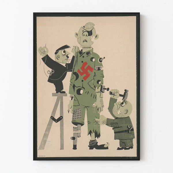 Satirical poster of the war puppet with Hitler and Mussolini
